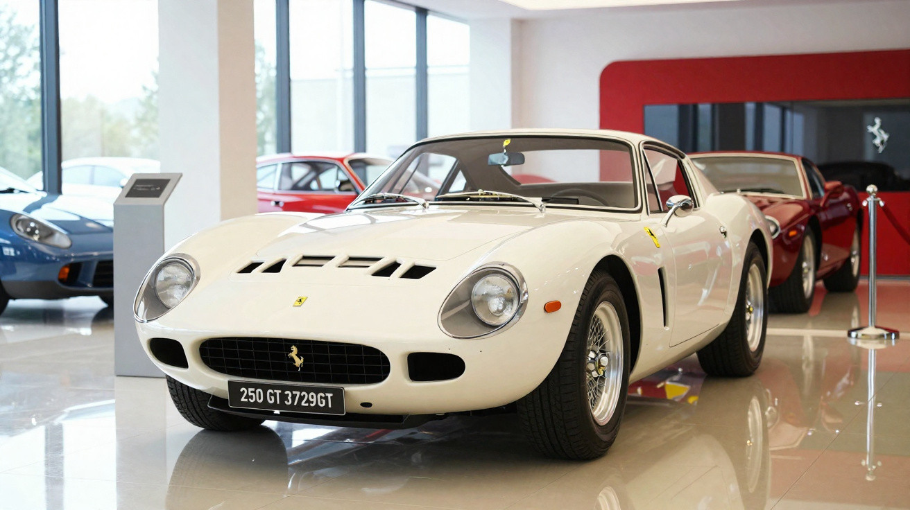 Carro desportivo clássico branco Ferrari 250 GT 3729GT exposto em museu com outros carros ao fundo.