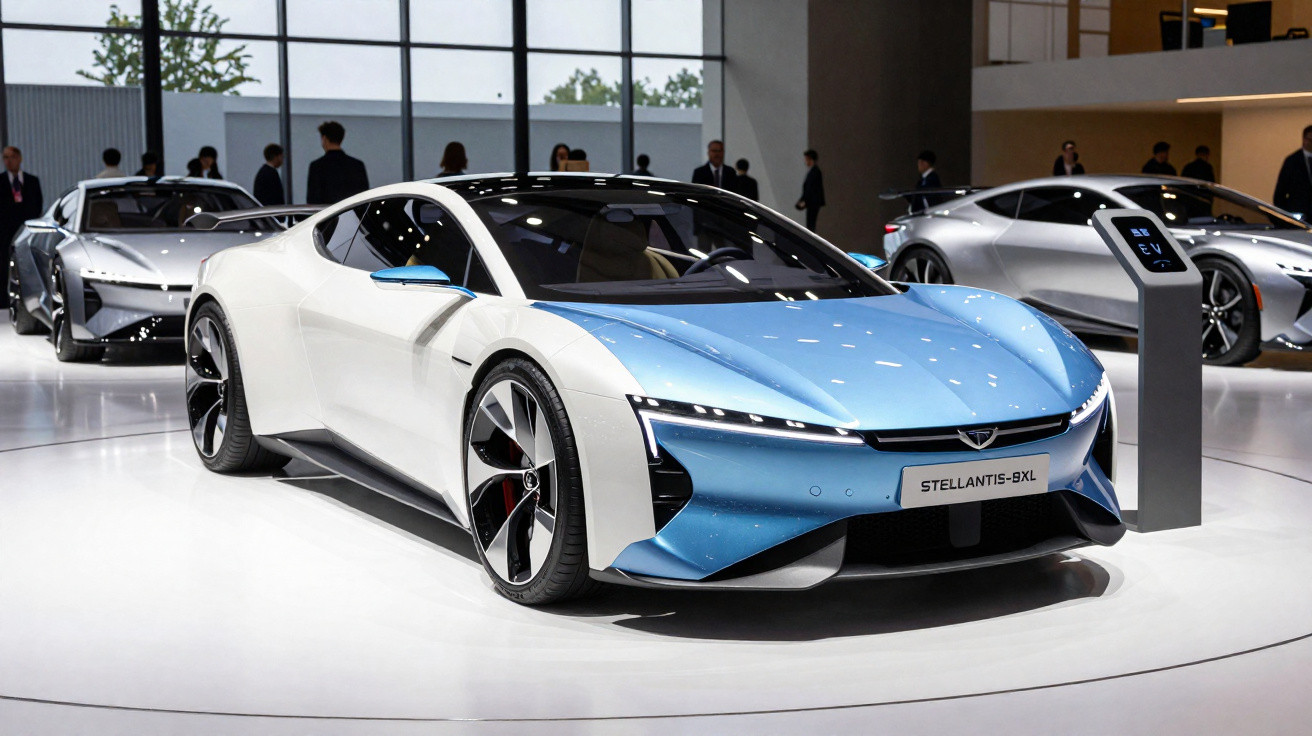 Carro eléctrico desportivo azul e branco Stellantis-8XL exposto numa feira automobilística moderna.