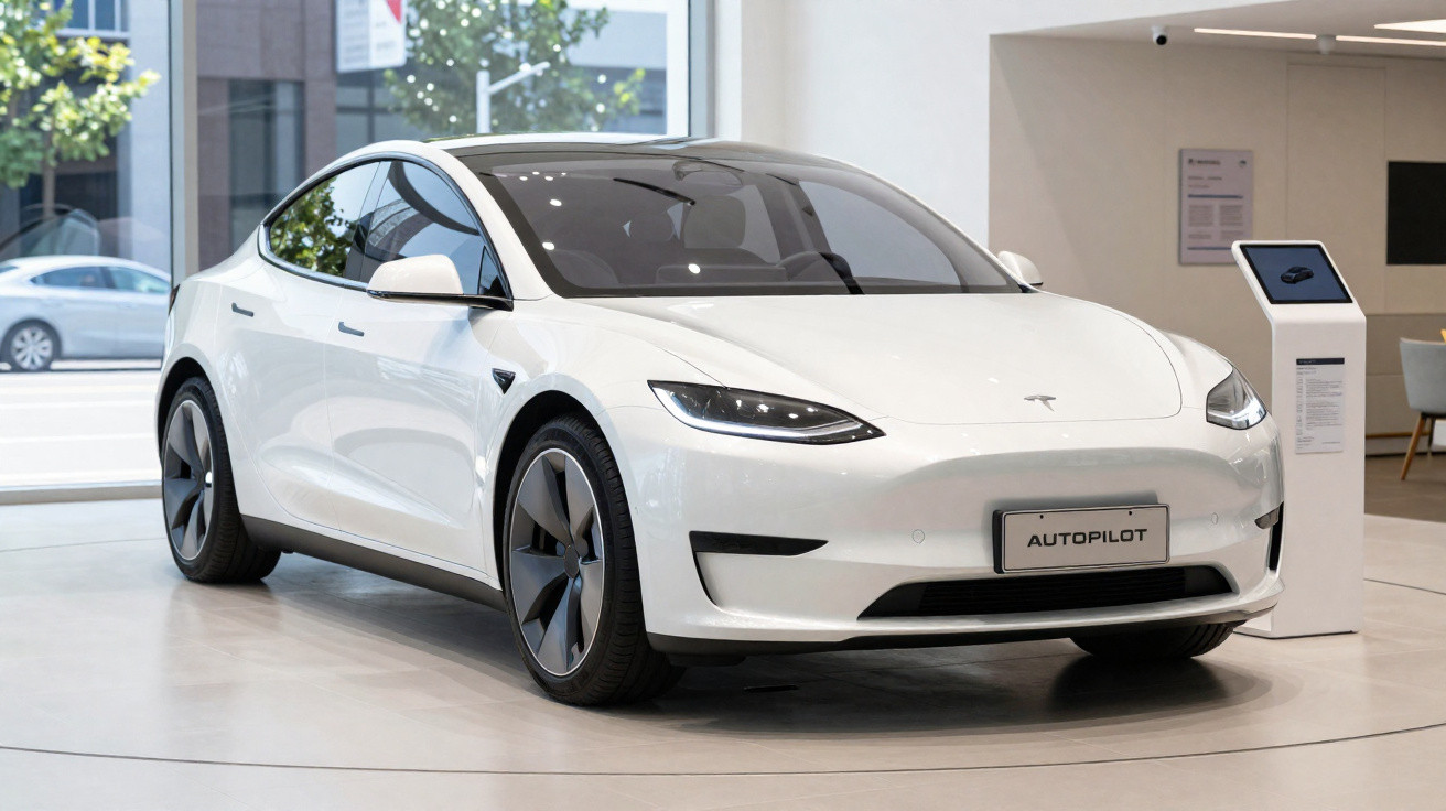 Carro elétrico Tesla branco exposto numa sala com inscrição "Autopilot" na matrícula.