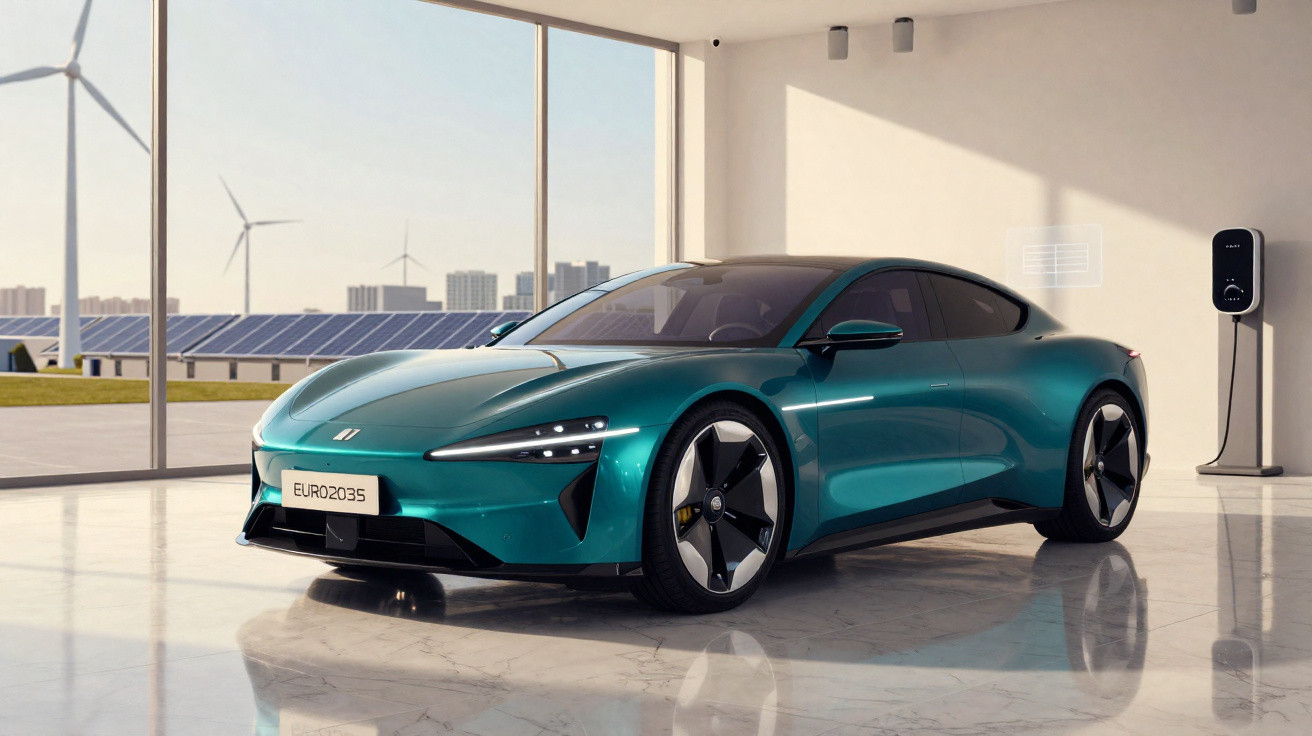 Carro elétrico desportivo azul a carregar numa garagem moderna com turbinas e painéis solares ao fundo.