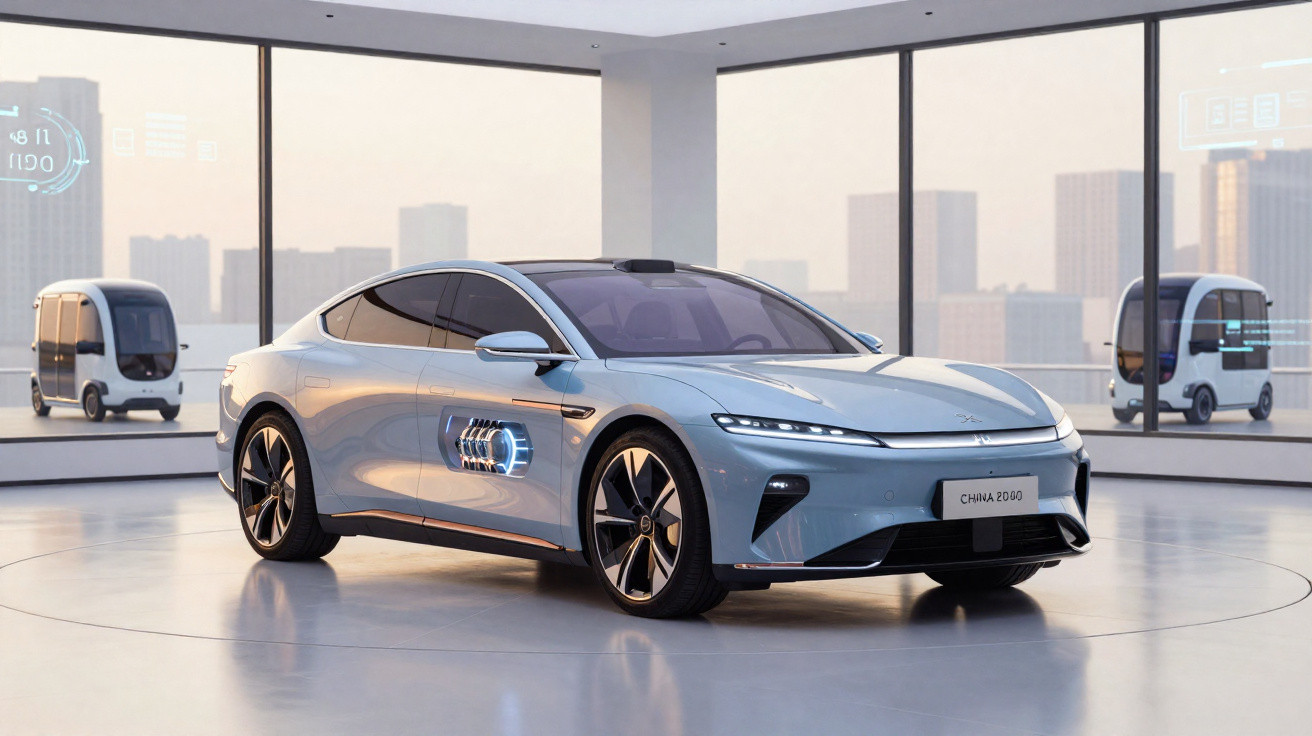 Carro elétrico moderno azul em exibição dentro de sala com grandes janelas e veículos autónomos ao fundo.