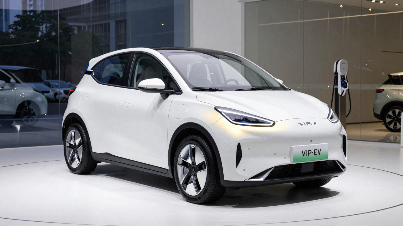 Carro elétrico branco em exposição, modelo compacto com design moderno e carregador na parede ao fundo.