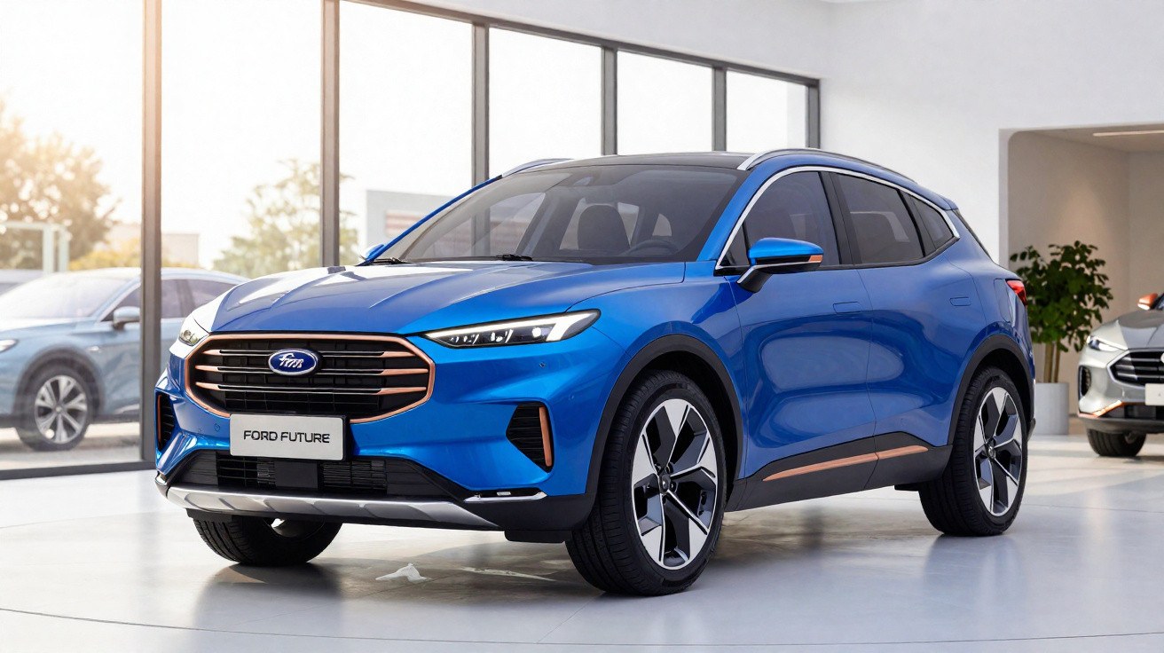 SUV elétrico azul Ford Future estacionado em showroom com janelas amplas e outros carros ao fundo.