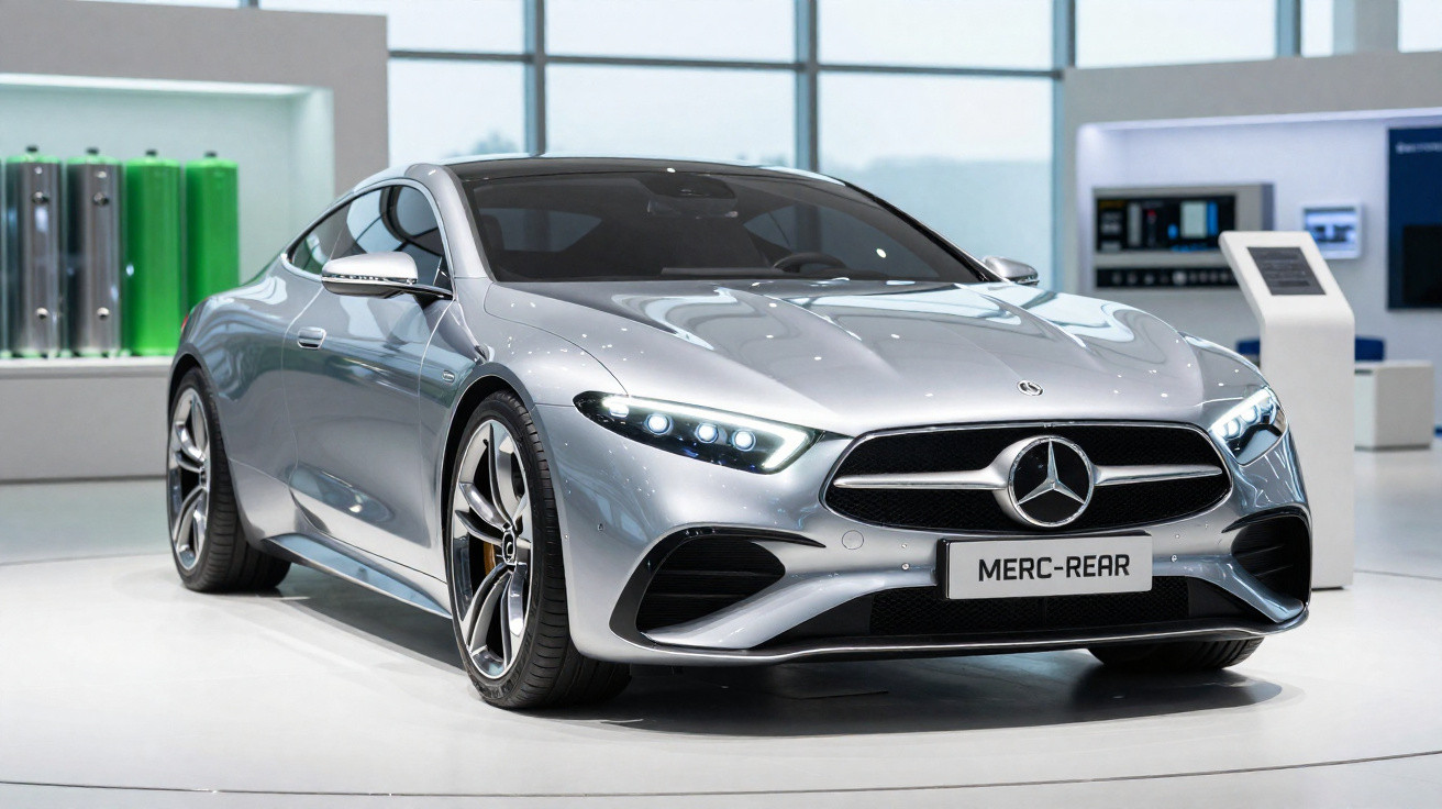 Carro desportivo prateado Mercedes-Benz com faróis LED exposto em salão moderno.