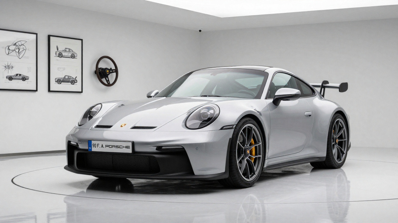 Carro desportivo Porsche cinza metálico estacionado em sala branca com obras de arte automóveis na parede.