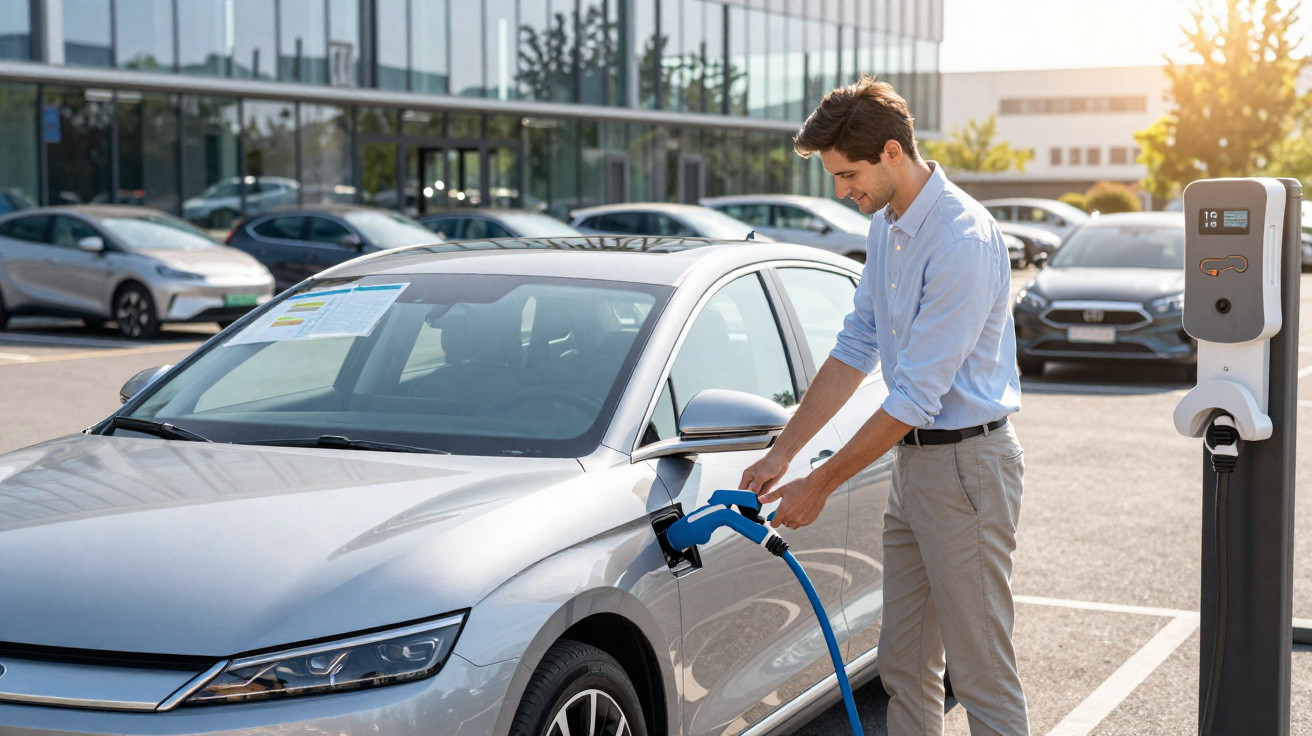 Homem a carregar um carro elétrico cinza numa estação de carregamento ao ar livre numa manhã ensolarada.