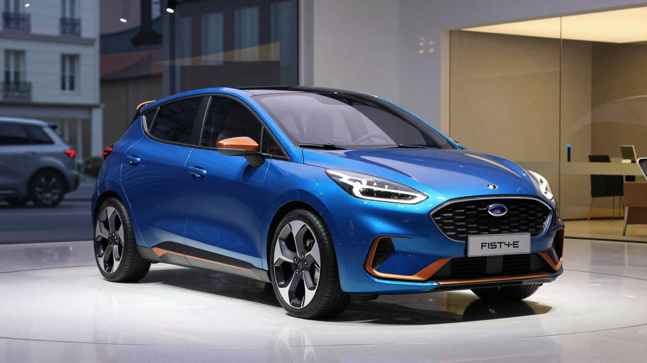 Carro compacto azul com detalhes laranja exposto num salão automóvel moderno e iluminado.