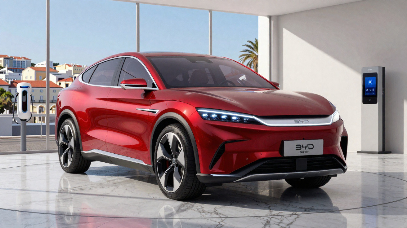 Carro elétrico vermelho BYD estacionado numa zona moderna com carregadores elétricos e vista para a cidade.