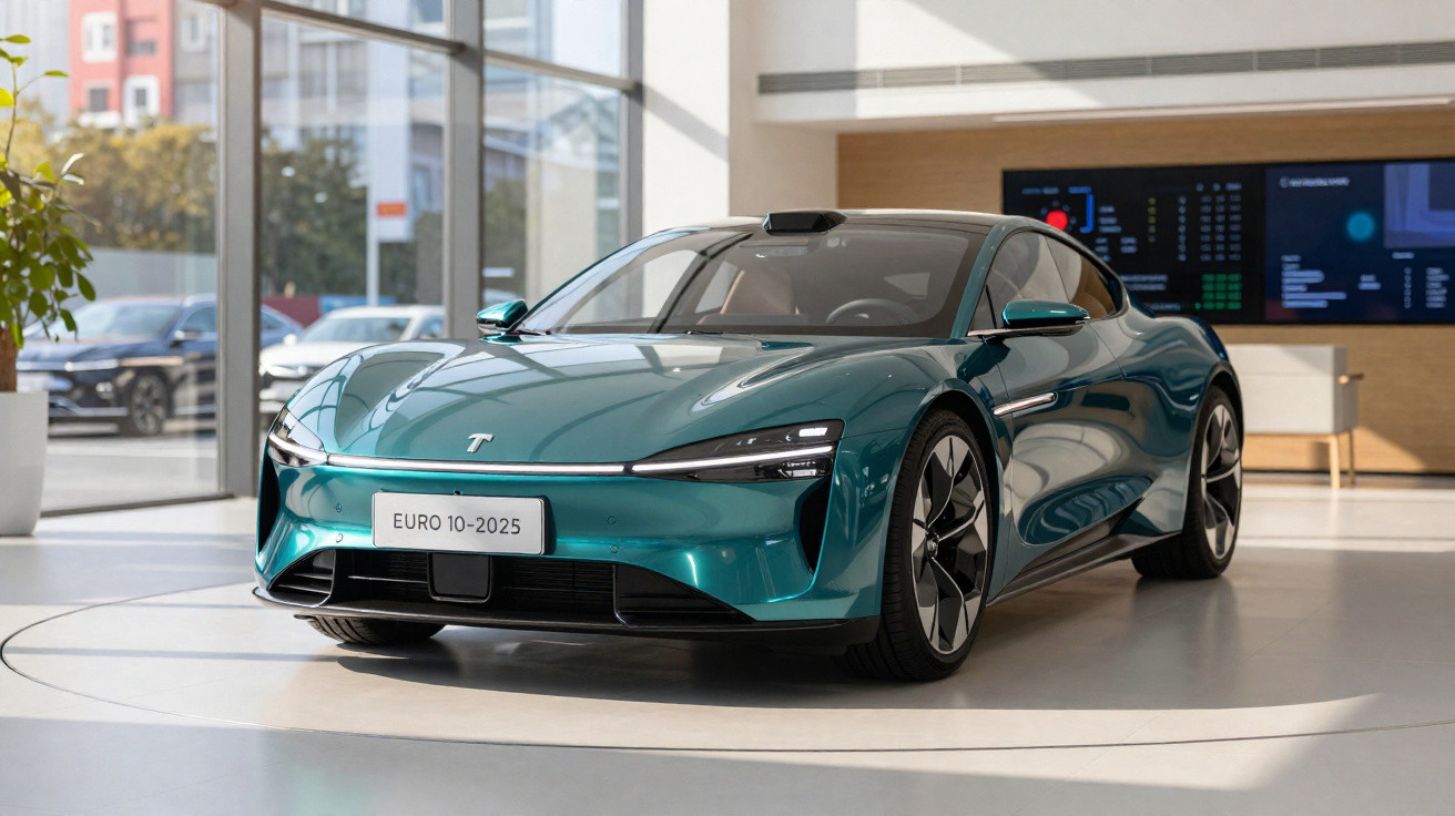 Carro elétrico desportivo Tesla azul esmeralda exposto em salão moderno com luz natural.