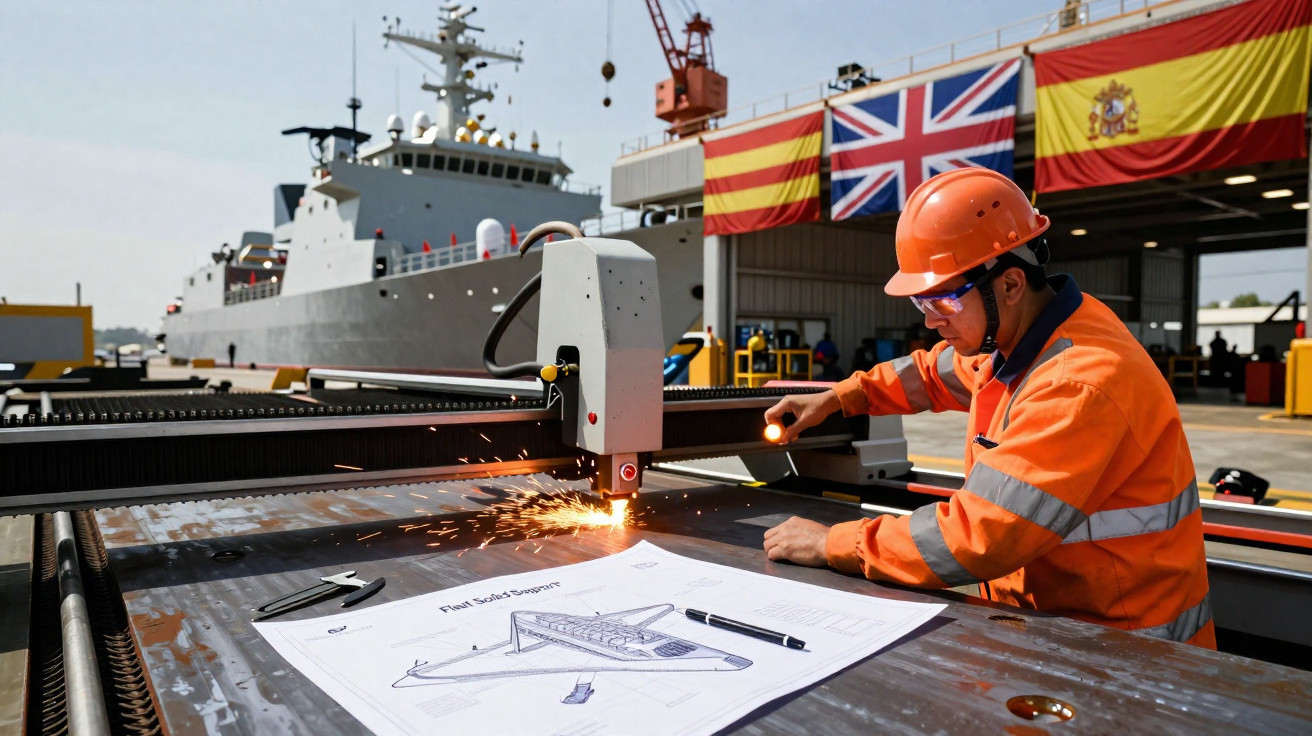 Trabalhador em equipamento de construção naval a cortar metal, com planos e bandeiras do Reino Unido e Espanha ao fundo.