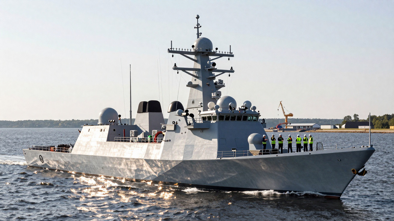 Fragata militar cinzenta navegando em mar calmo com tripulantes em coletes reflectores na proa.