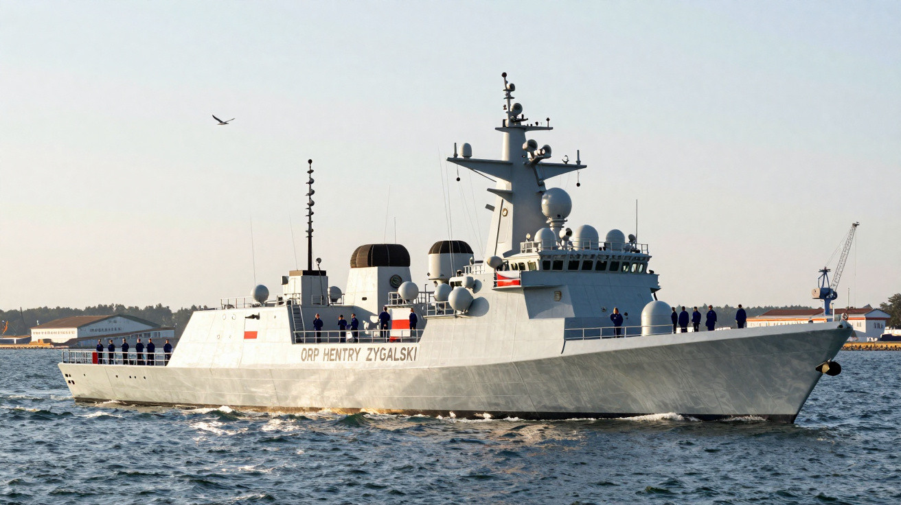 Navio de guerra ORP Hentyr Zygalaski a navegar no mar com tripulantes a bordo.