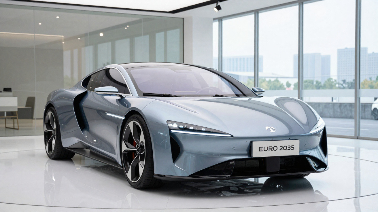 Carro desportivo elétrico cinza futurista exposto num showroom com grandes janelas e design moderno.