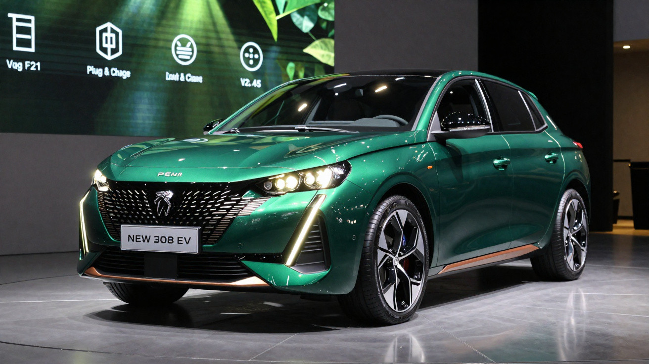 Carro elétrico Peugeot 308 EV verde exposto em salão automóvel com faróis acesos.
