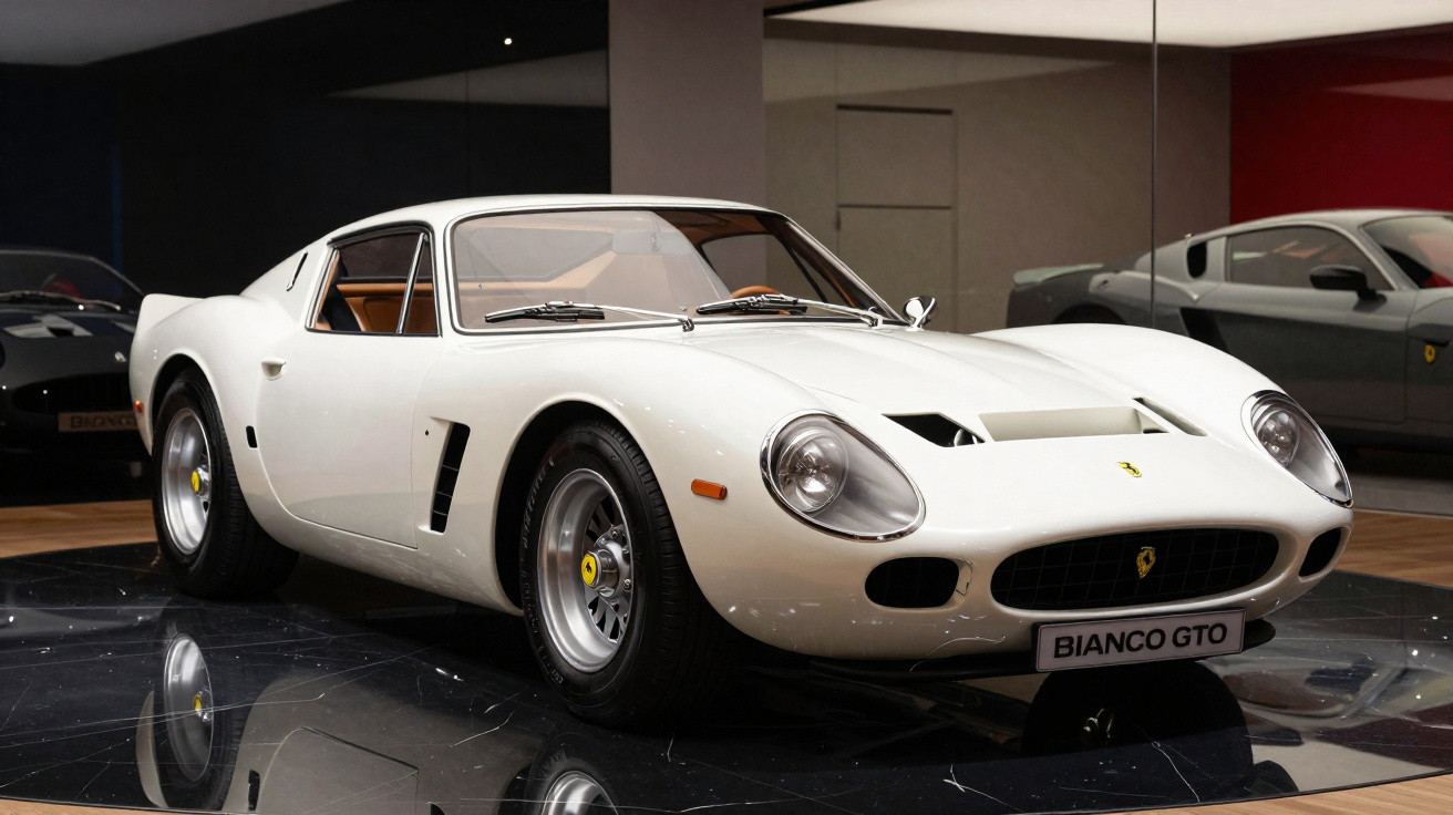 Carro desportivo clássico branco Ferrari Bianco GTO exposto em stand com chão espelhado.