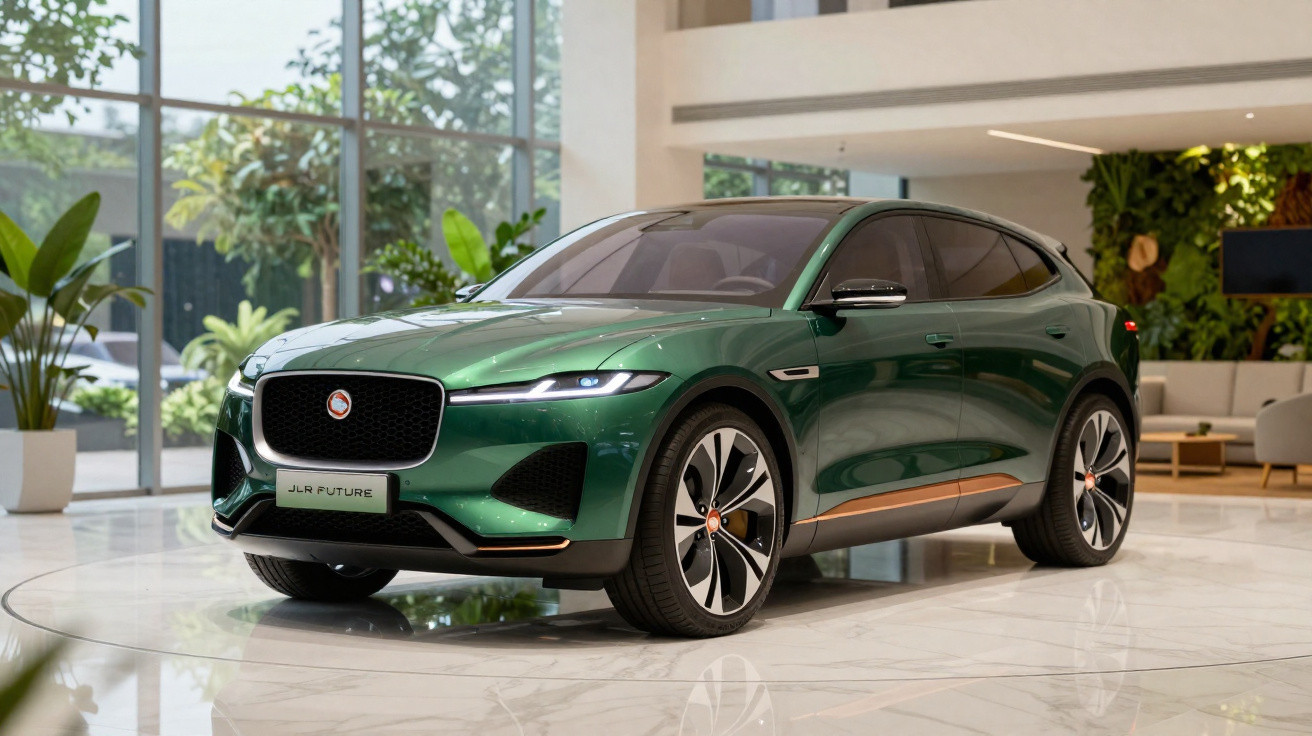 Carro elétrico Jaguar JLR Future verde exposto em showroom moderno e luminoso com plantas verdes.