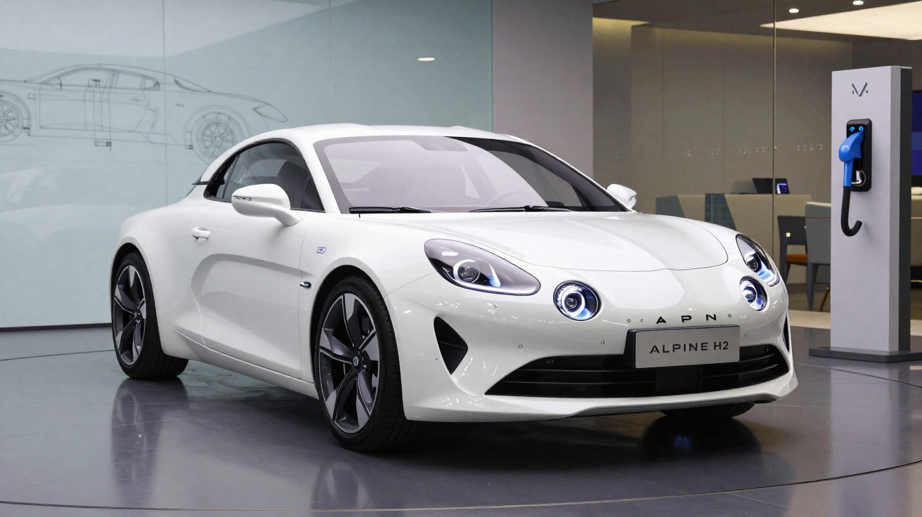 Carro desportivo branco Alpine H2 em exposição, com posto de carregamento elétrico ao lado.