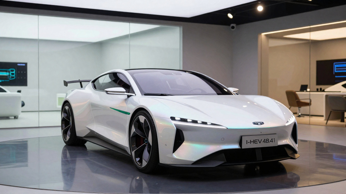Carro desportivo elétrico branco exposto num showroom moderno com luz suave refletida no chão polido.