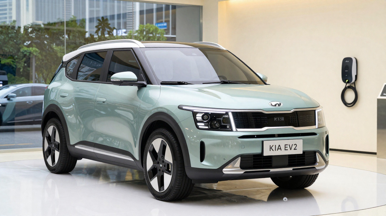 Carro elétrico Kia EV2 verde claro estacionado numa garagem com carregador elétrico na parede.