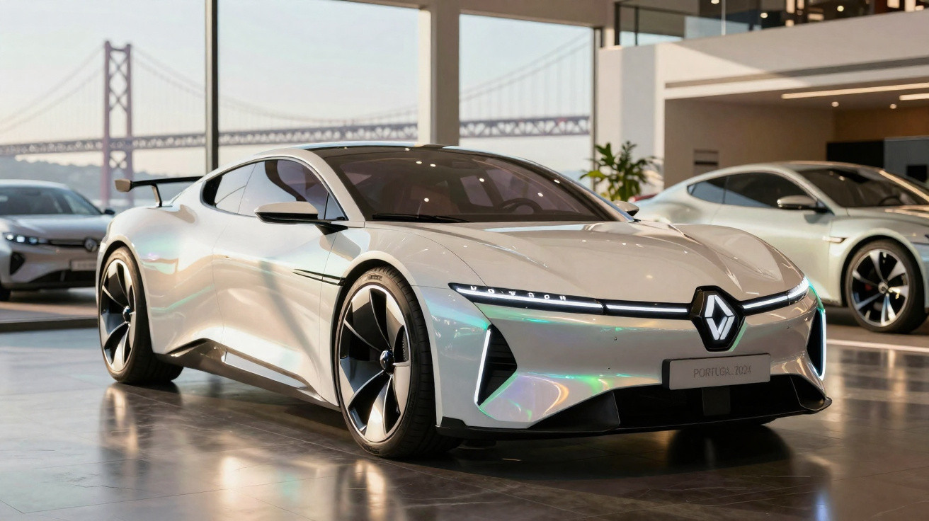 Carro elétrico desportivo branco da Renault exposto numa sala moderna com vista para uma ponte suspensa.