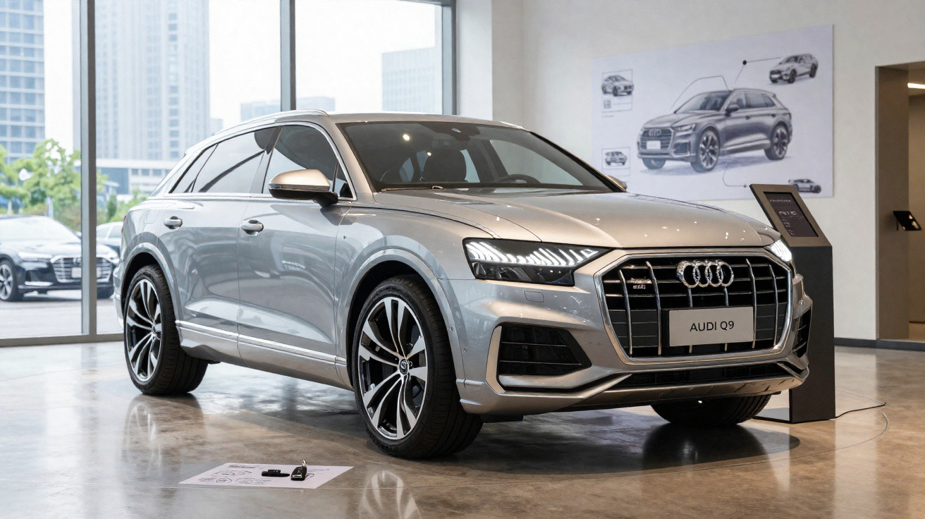 Audi Q9 prata em exposição numa sala moderna com janelas grandes e cartazes da viatura na parede.
