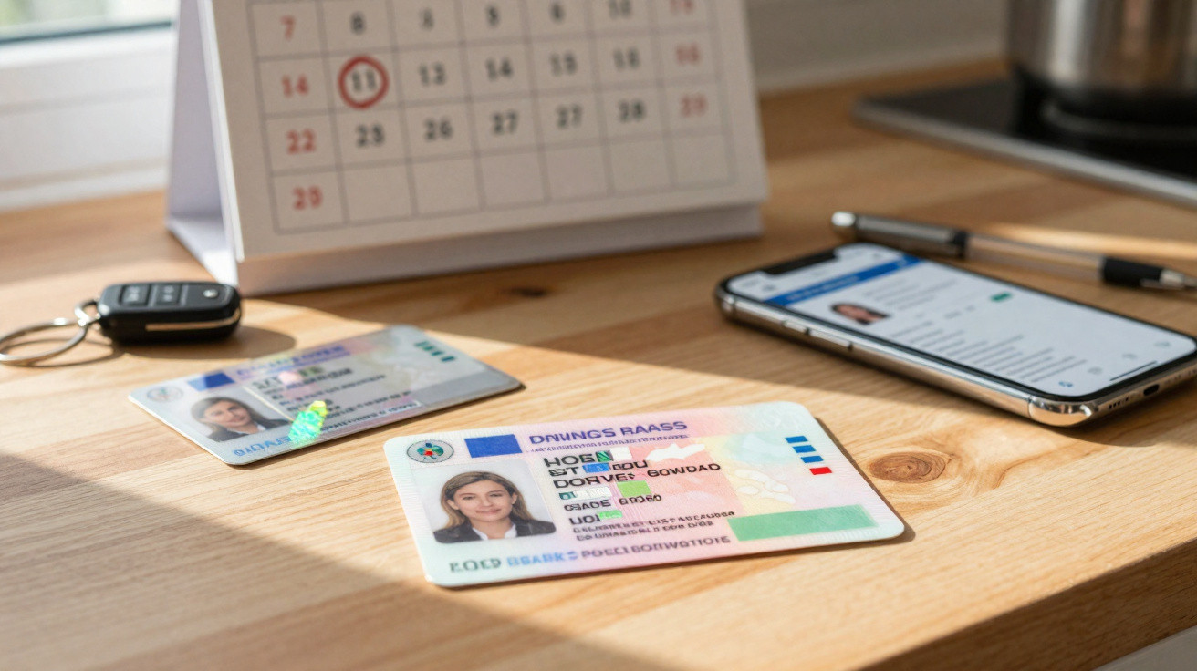 Cartões de identificação, telemóvel e agenda com data marcada numa mesa de madeira.