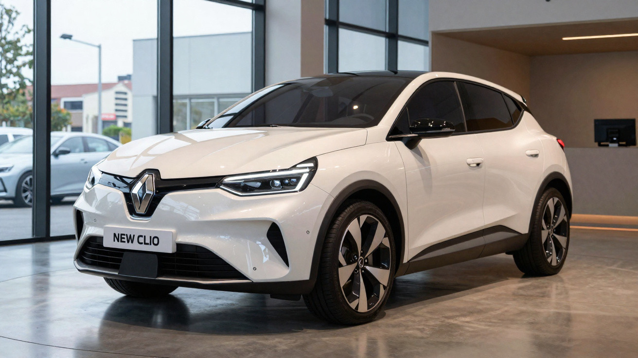 Renault New Clio branco estacionado no interior de concessionária moderna com grandes janelas.