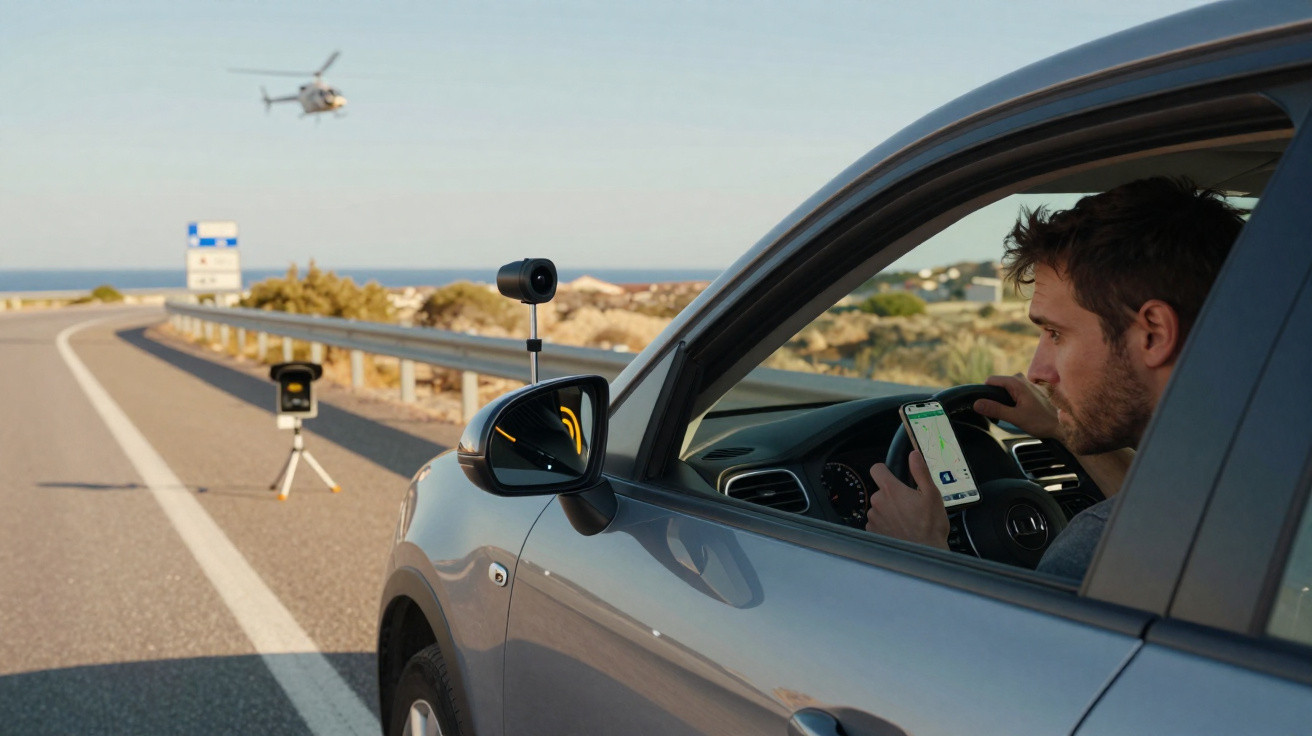 Homem ao volante de carro branco a olhar para smartphone junto a radar numa estrada costeira com helicóptero ao fundo.