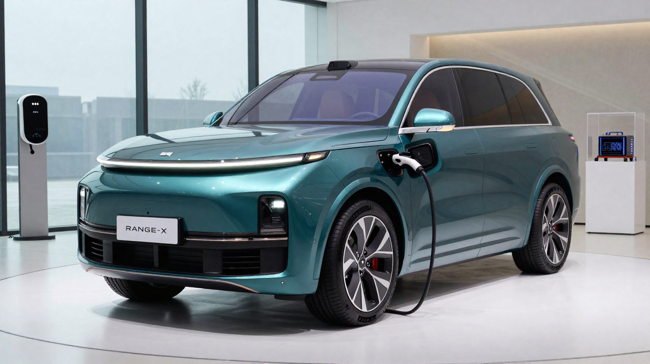 Carro elétrico SUV Range-X verde a carregar numa estação de carregamento interior moderna.
