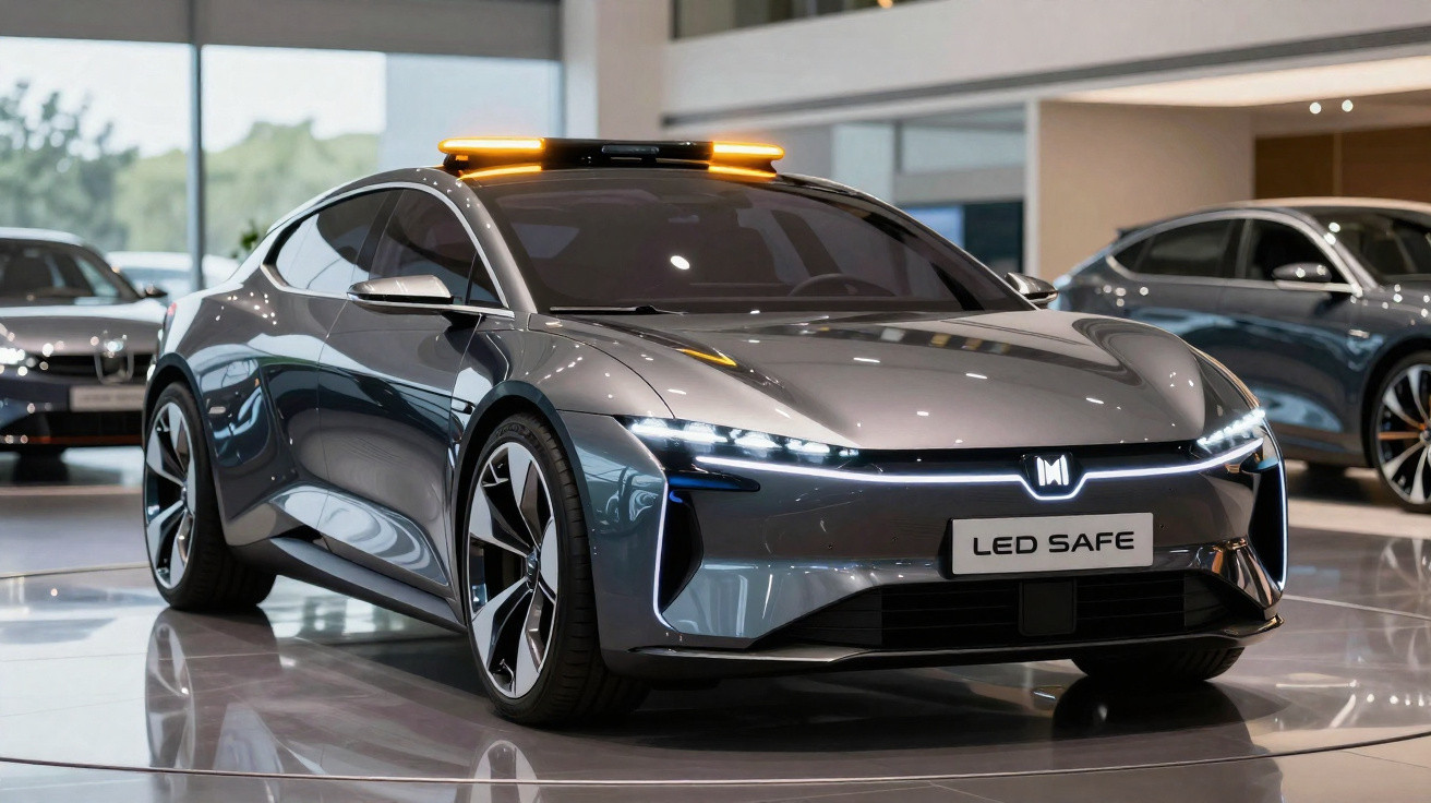 Carro elétrico cinzento com luzes LED e barra luminosa amarela no teto, em exposição num salão moderno.