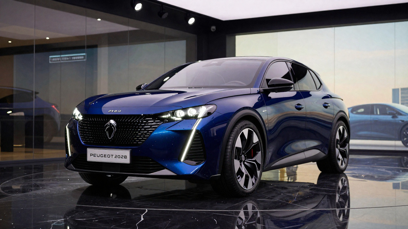 SUV Peugeot elétrico modelo 2028 azul em exposição num showroom moderno com chão refletor.