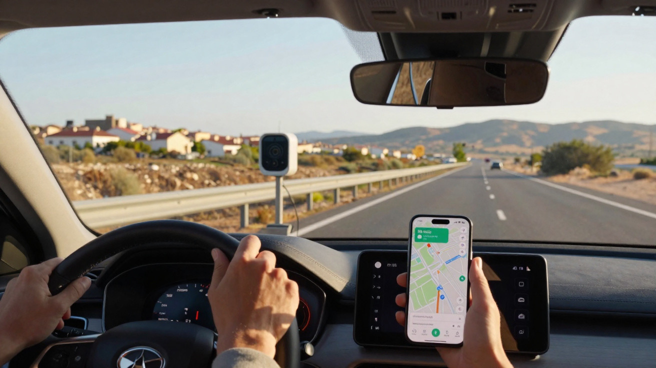 Pessoa a conduzir um carro numa estrada aberta com GPS no telemóvel a mostrar direções.
