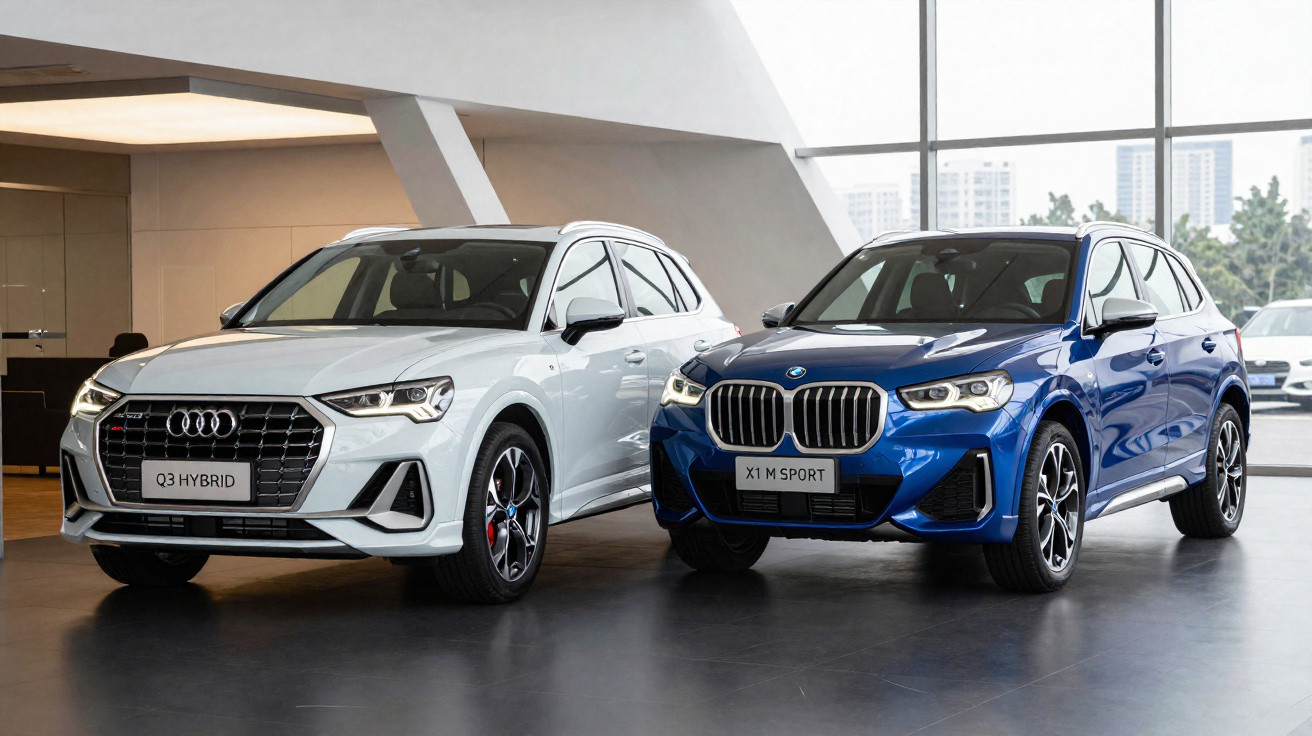 Dois carros SUV estacionados lado a lado, um Audi Q3 Hybrid branco e um BMW X1 M Sport azul.