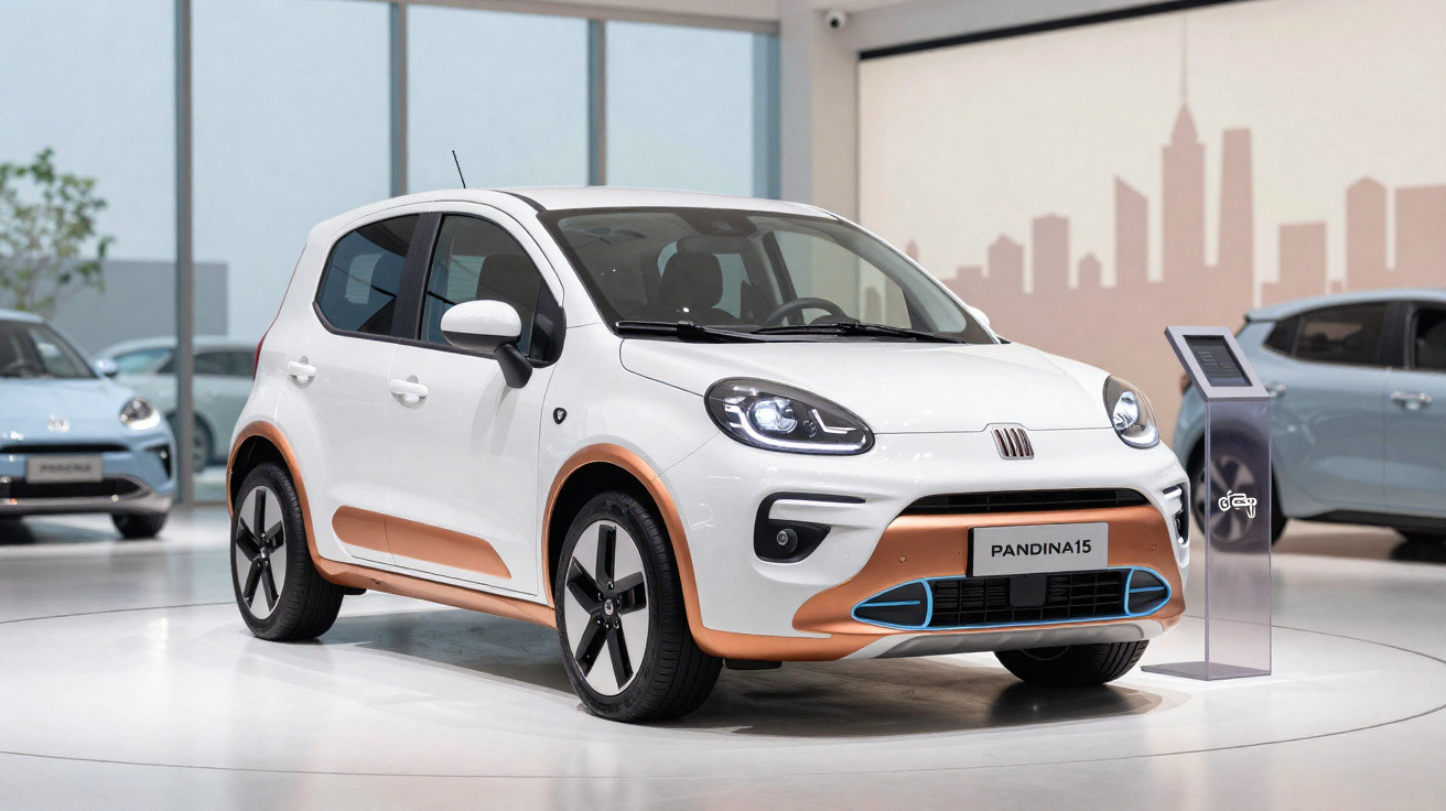 Carro elétrico compacto branco com detalhes bronze exibido em salão moderno com outras viaturas ao fundo.