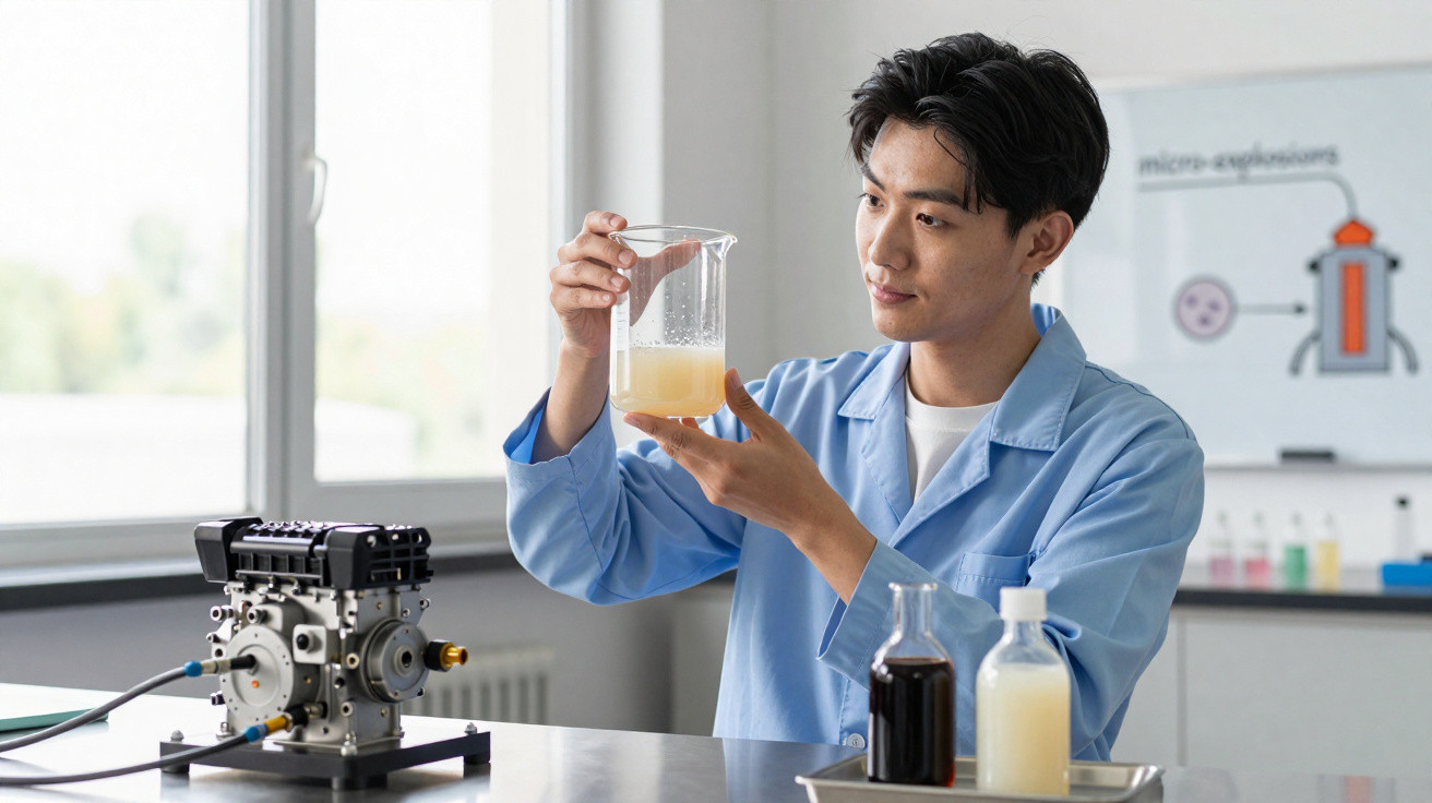 Jovem cientista em bata azul analisa líquido amarelo num béquer num laboratório moderno.