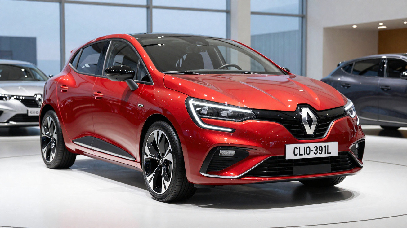 Automóvel Renault Clio vermelho exposto em salão automóvel com fundo interior moderno.