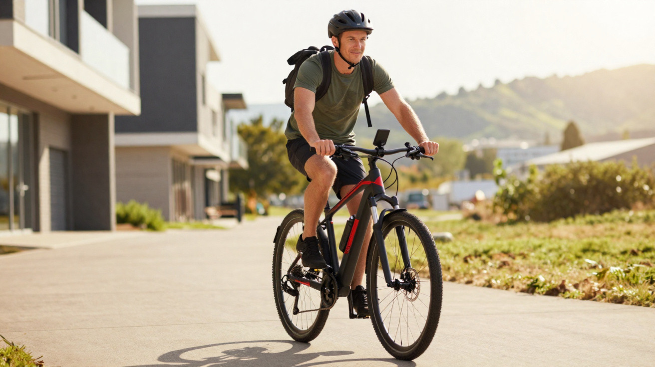 Homem com capacete e mochila a andar de bicicleta elétrica numa ciclovia urbana ensolarada.