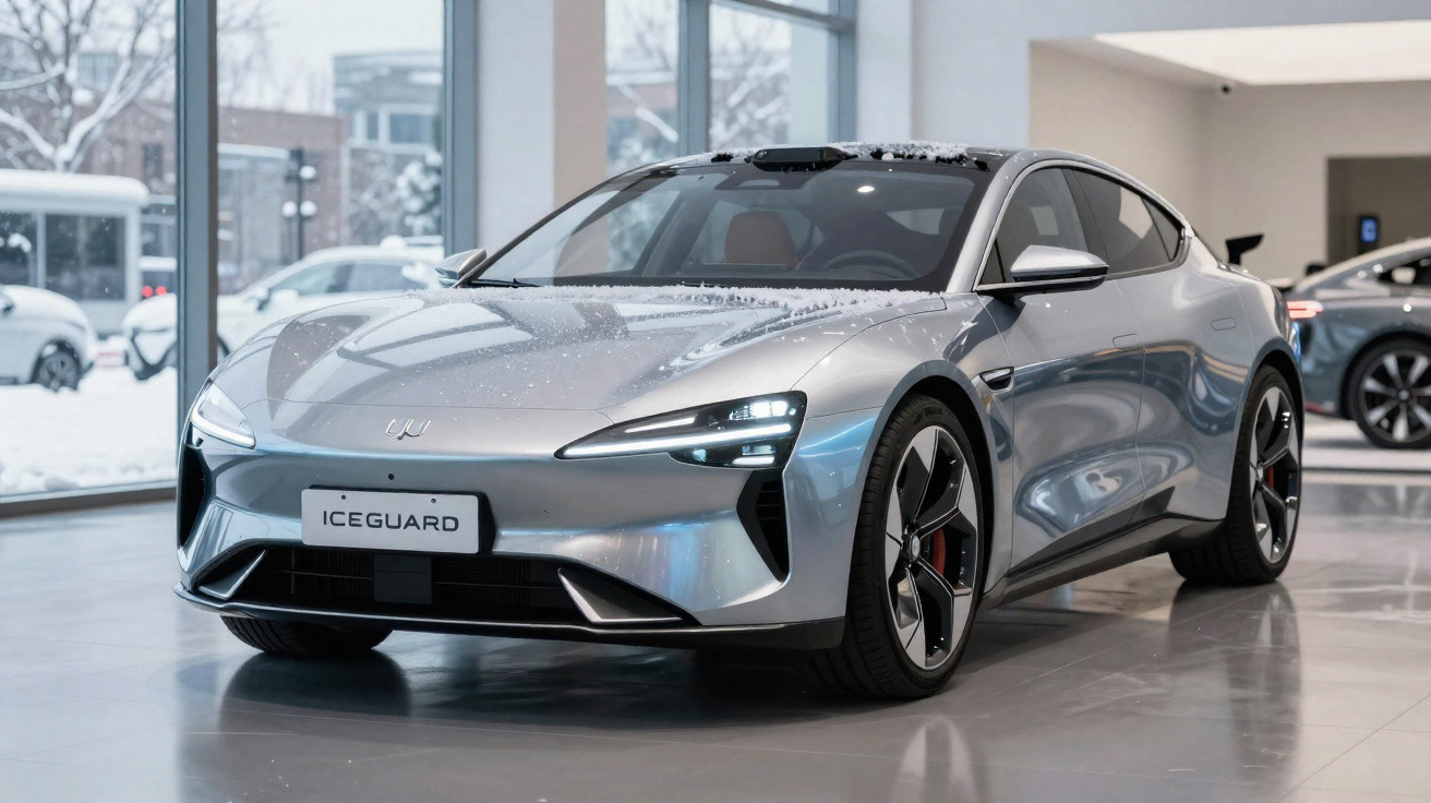 Carro elétrico prateado ICEGUARD estacionado em interior com neve no tejadilho e vidros à volta.