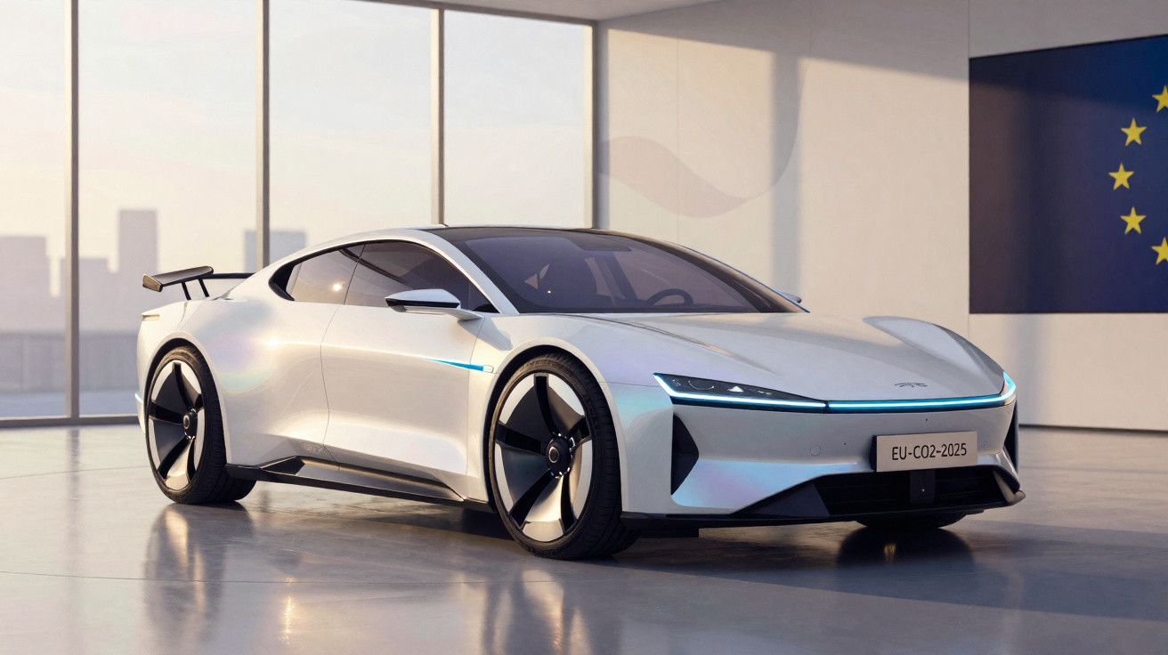 Carro desportivo elétrico futurista branco estacionado em sala iluminada, com placa EU-CO2-2025.