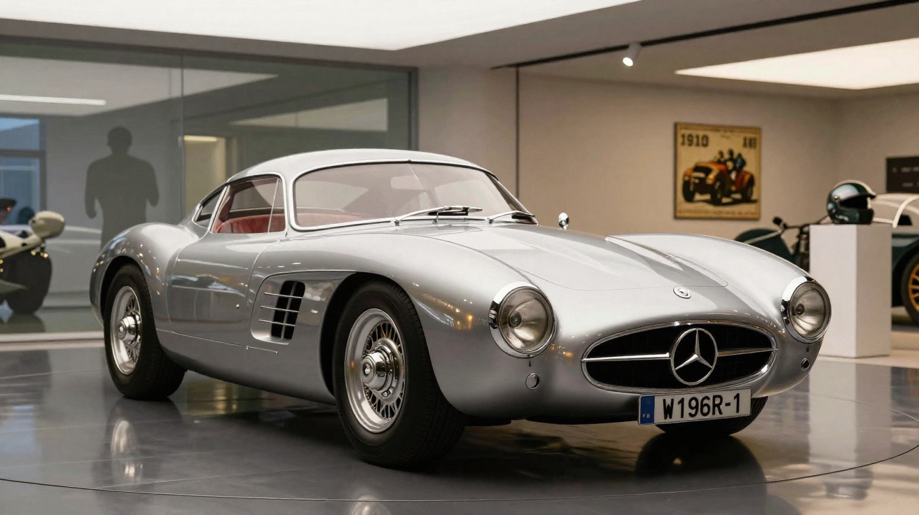 Carro clássico Mercedes-Benz prata exposto em museu com design vintage e faróis redondos.