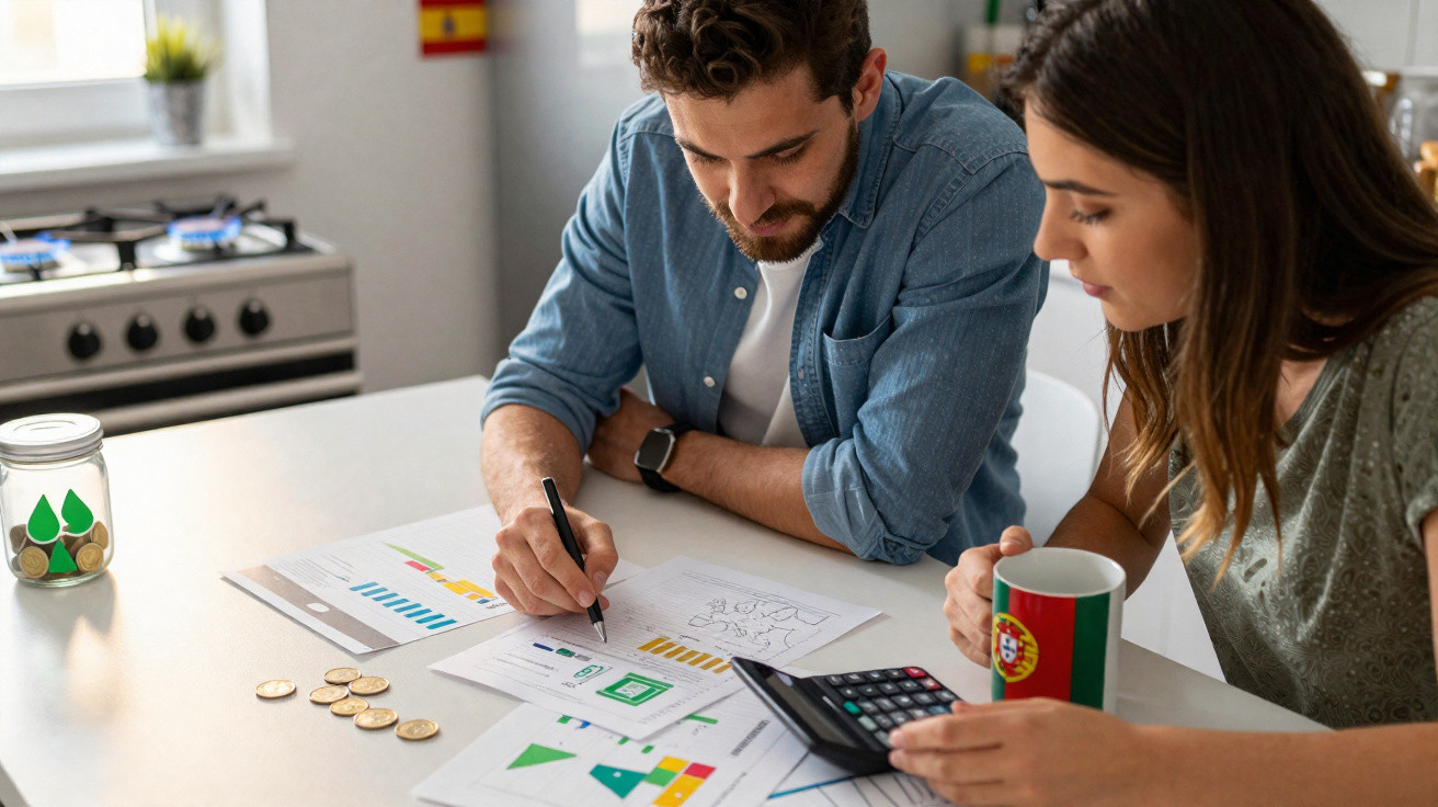 Casal a analisar documentos financeiros com gráfica, calculadora e moedas numa cozinha moderna.