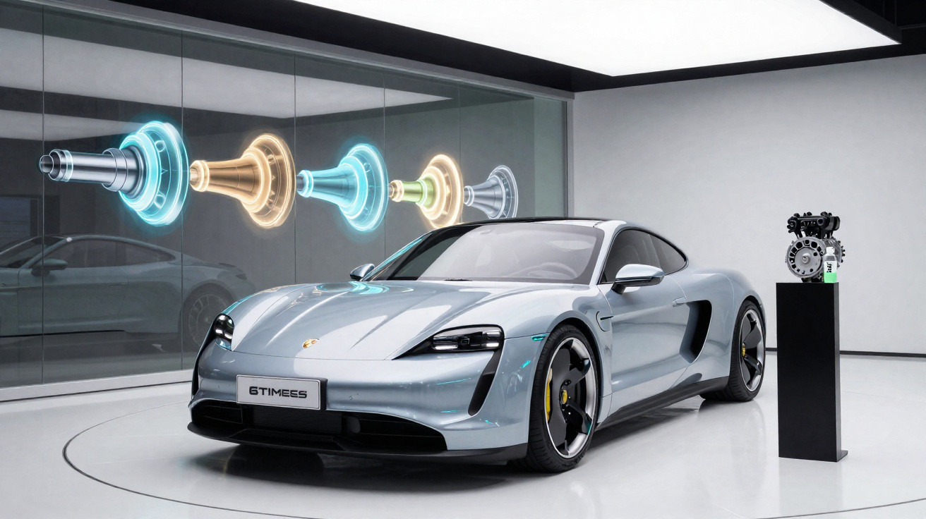 Carro desportivo elétrico prateado numa exposição moderna com gráficos holográficos de motor na parede.