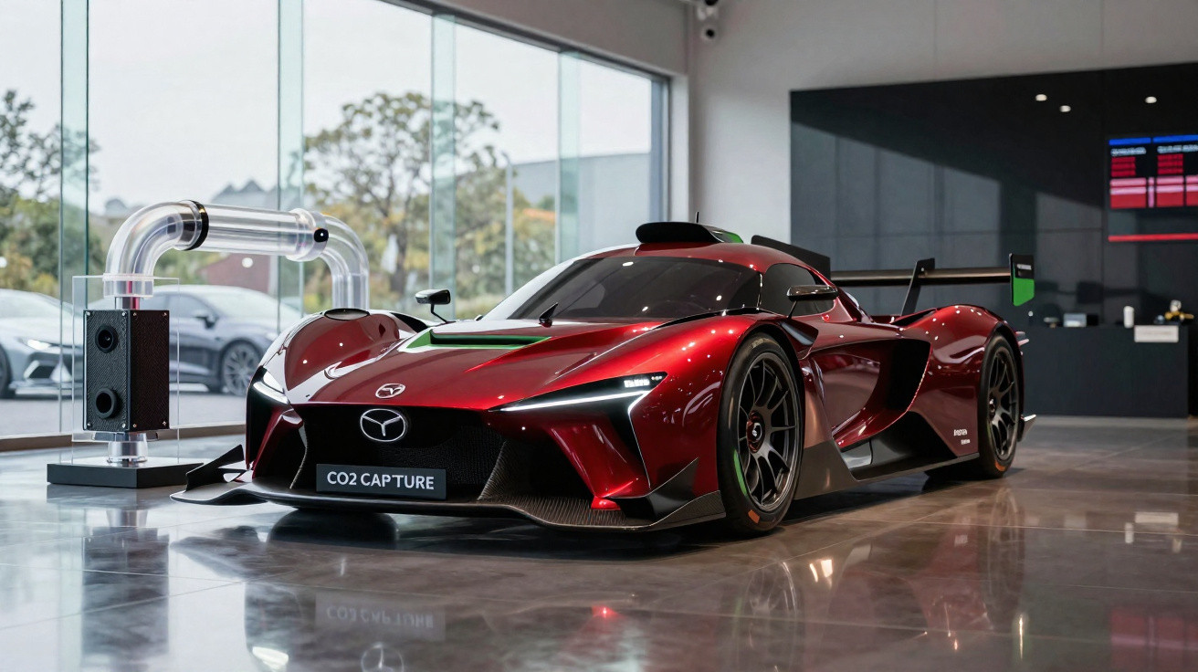 Carro desportivo vermelho metálico Mazda com design futurista exposto em showroom moderno.