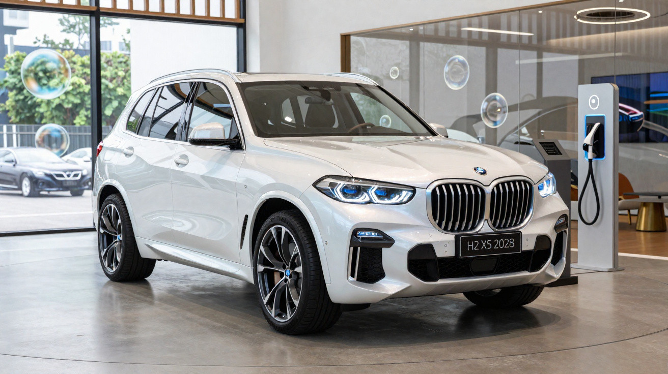 BMW X5 branco estacionado em showroom com carregador elétrico ao lado e luzes LED acesas.