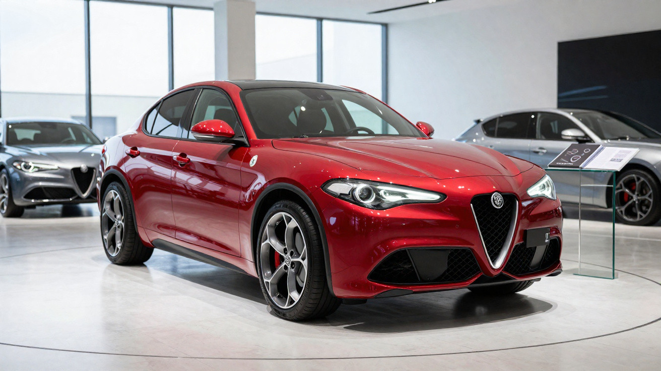 Carro desportivo Alfa Romeo Giulia vermelho exposto numa sala moderna com chão branco.