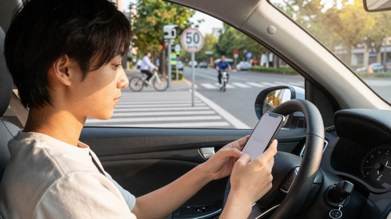 Pessoa dentro de um carro a usar telemóvel, em frente a uma passadeira com ciclistas e sinal de velocidade 50 km/h.