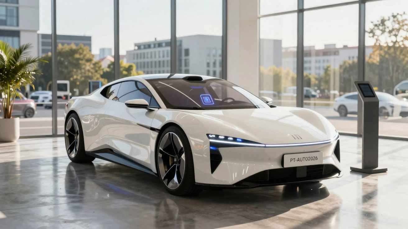 Carro desportivo elétrico branco, moderno, em exposição numa sala ampla com grandes janelas.