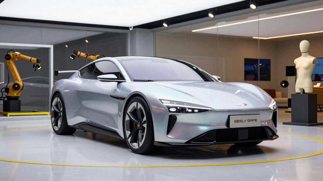 Carro desportivo elétrico prateado Geely SF5 numa exposição moderna com braços robóticos ao fundo.