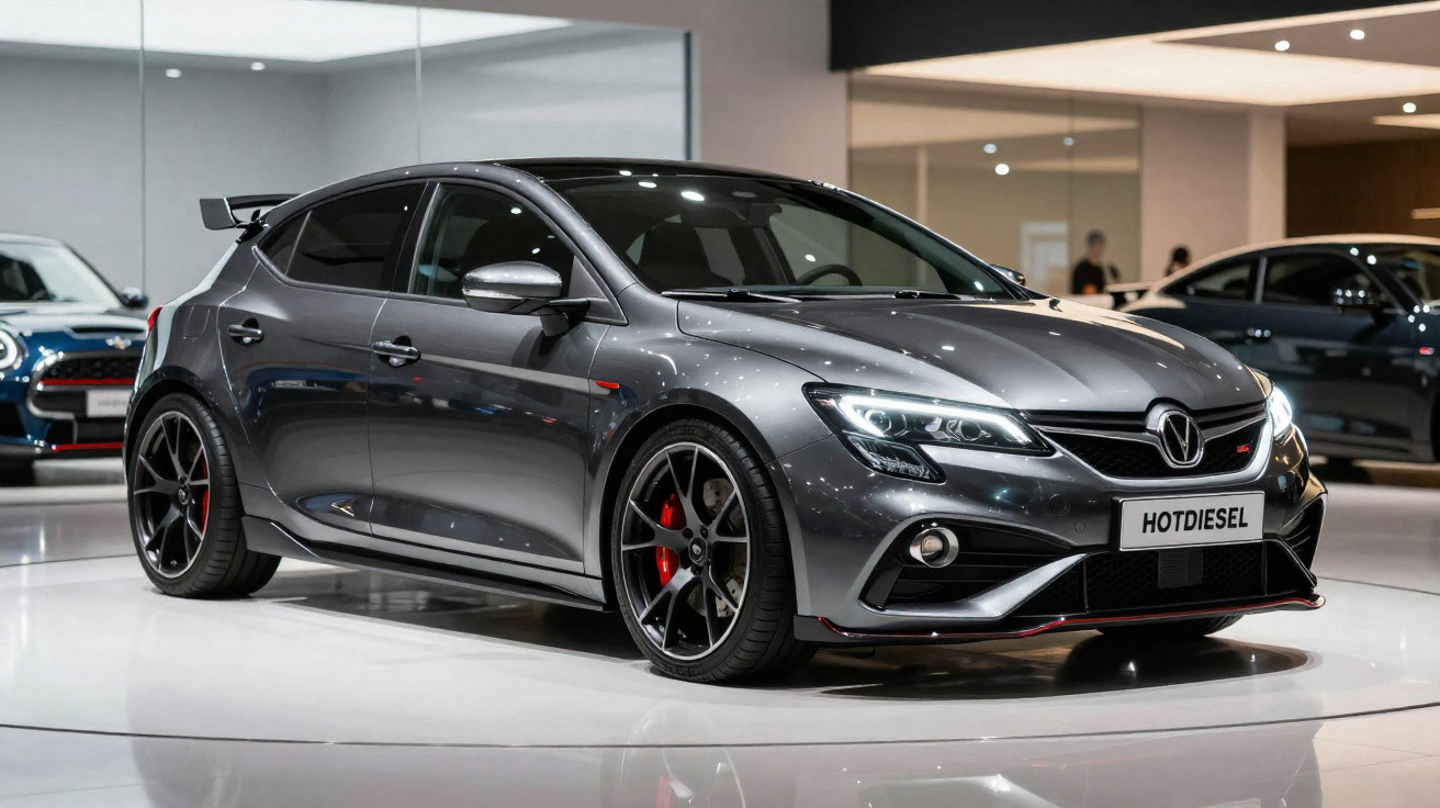 Carro desportivo cinza metálico estacionado num salão de exposições automóvel.
