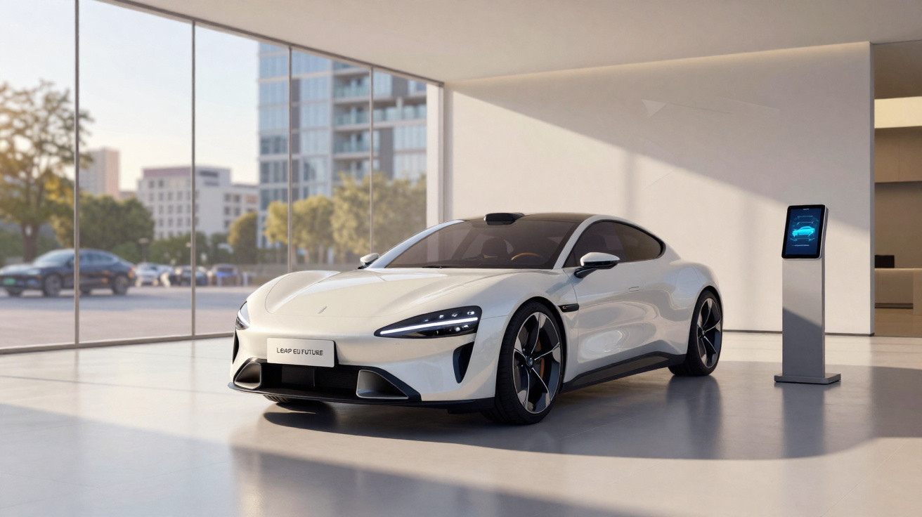 Carro desportivo elétrico branco em sala moderna com paredes e chão claros e grande janela de vidro.